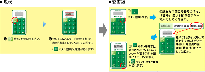 ট ইট র 個人向け郵便局利用 ゆうちょダイレクトのトークン利用の方法が2019年12月22日 日 から変更されます セキュリティ向上のためトークンのボタンで相手の口座番号を押す必要性が出てきます １ を押して３を押してから入力します ゆうちょダイレクト