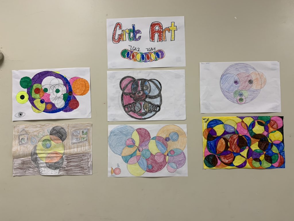 CareKinne's tweet image. 7th grade Math WIN class created circle art this week. They constructed circles with different radius’s and then calculates the area and circumference. #MathIsArt #BMSPride