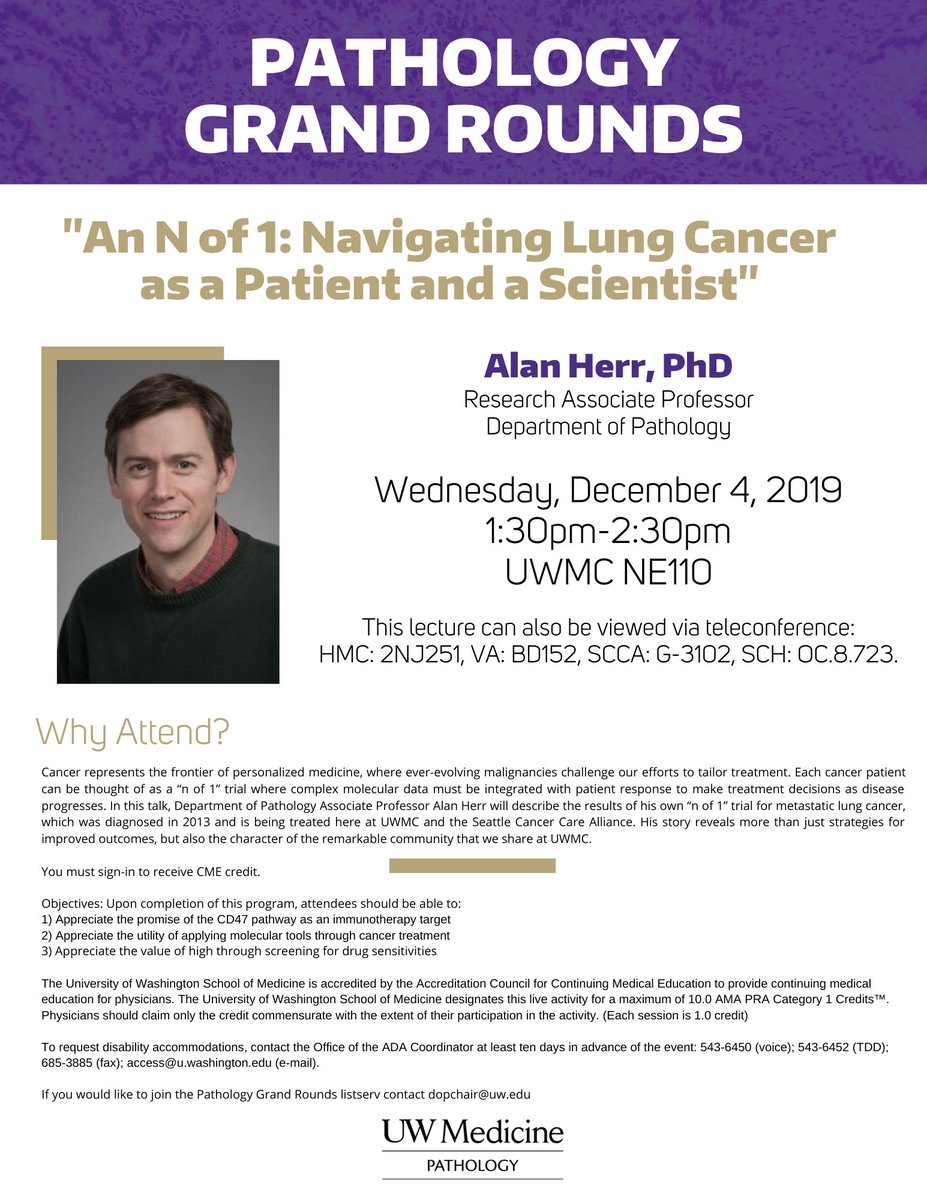 uwlabmedpath's tweet photo. On 12/4, @uwpathology Associate Professor Alan Herr will describe the results of his own โn of 1โ trial for metastatic lung cancer, which was diagnosed in 2013 and is being treated at UWMC and @SeattleCCA
#UW #SeattleCCA #UWMedicine https://t.co/6HMEMR1OB0