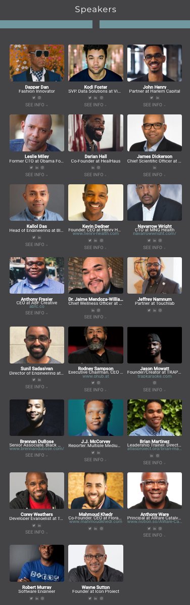 Screenshot of Icon Summit speakers - all black and brown men. All the speakers' names can be found at the link in the tweet.