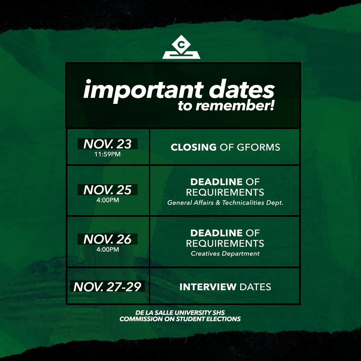 dlsushscomselec's tweet photo. COMSELEC aspirants of ID 119!

You're a step closer to becoming part of our family! 

Take note of the following dates. Be sure to accomplish all your requirements and double-check them before passing. Best of luck, ID 119!

#COMSELECSecondWave https://t.co/8R3849vMef