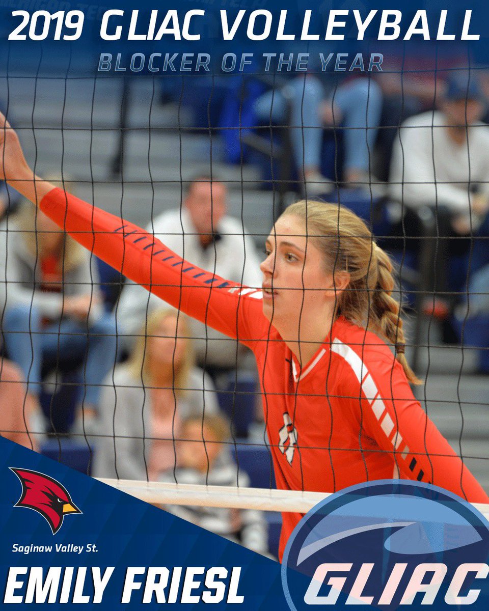 GLIACsports's tweet photo. 2019 GLIAC Blocker of the Year |  Emily Friesl - Saginaw Valley St.

🏐https://t.co/hPyaWw3sj4

#GLIACVB 
#WhereChampionsCompete https://t.co/aUCWFVx65V