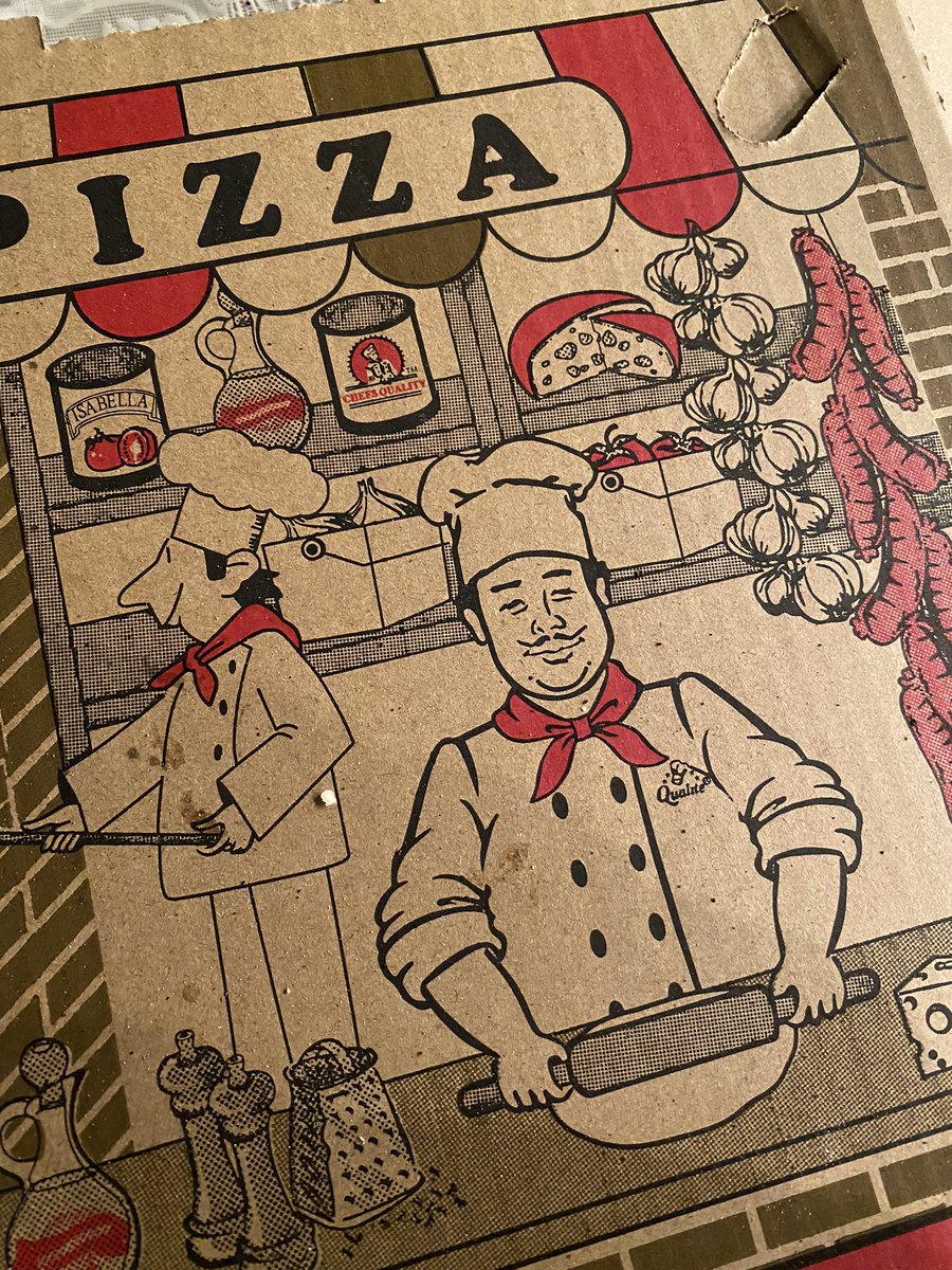 The pizza box art looks like a people-eating pizza looming over