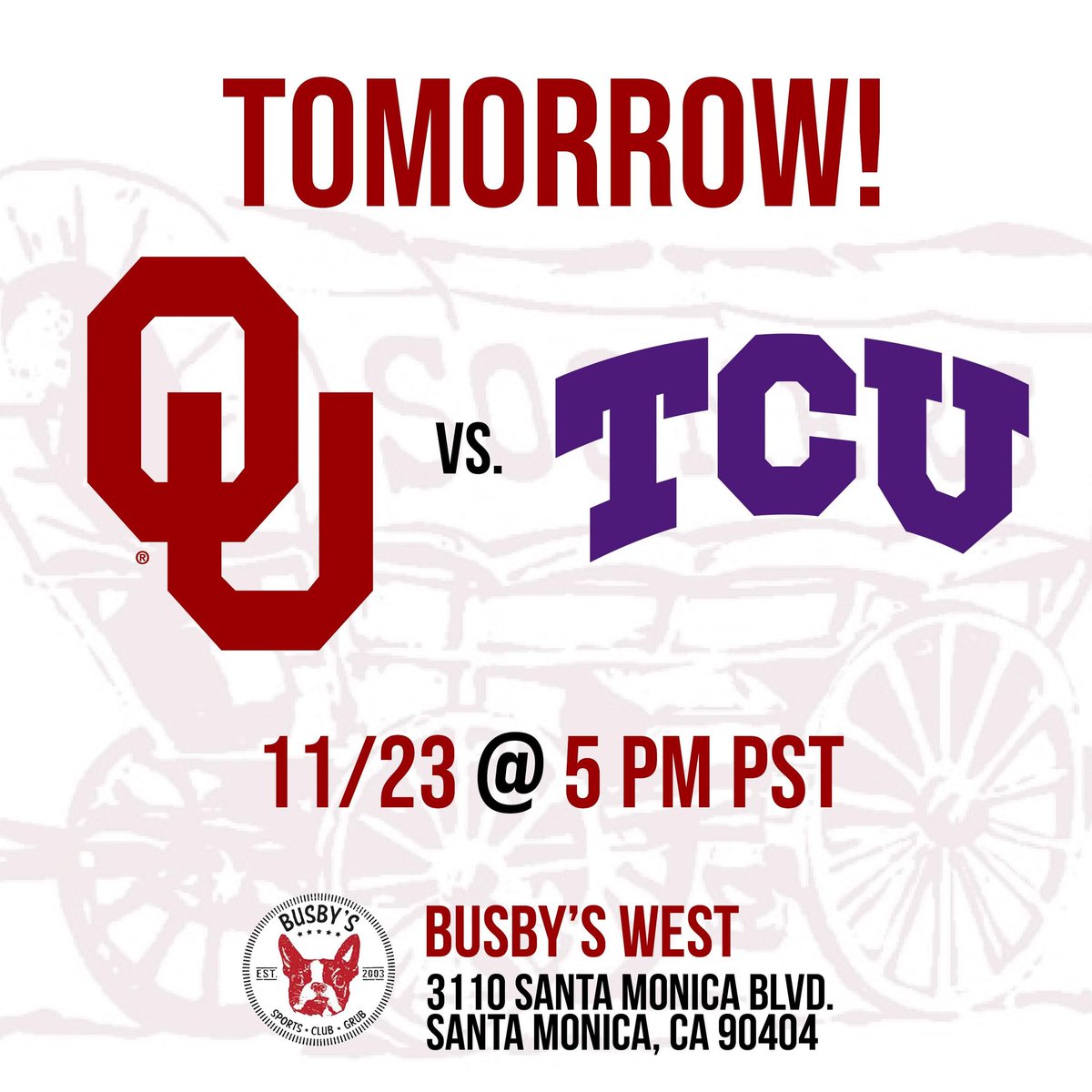 LASooners's tweet photo. Join us tomorrow evening at Busby's West! #boomersooner #ouwatchparty #ouinla #oualumni #loveou #lasooners https://t.co/91gJNHMQew