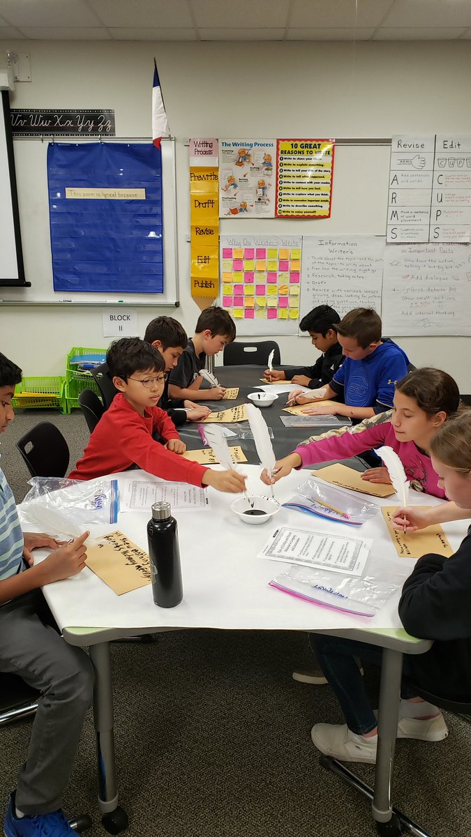 ShellyReh's tweet photo. Here are Akin's 5th graders trying to write with quills! https://t.co/YiEYgjT6de