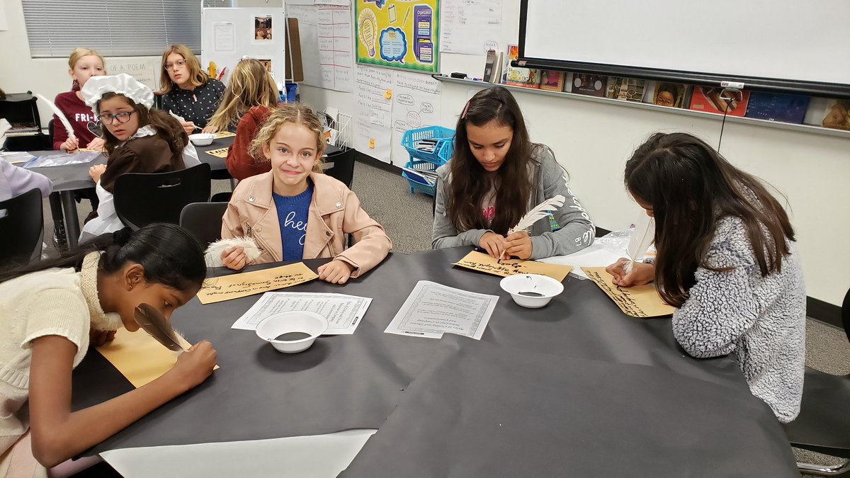 ShellyReh's tweet photo. Here are Akin's 5th graders trying to write with quills! https://t.co/YiEYgjT6de