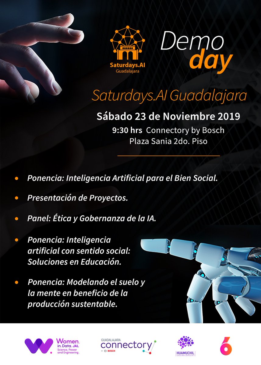 AISaturdays_ES's tweet photo. La primera edición de @AISaturdaysEs  #Guadalajara está llegando a su fin y para clausurarla, mañana sábado 23 de Nov a las ⏰9:30hrs celebraremos en nuestra casa @Gdlconnectory  un  #demoday 🎉 en el que nuestros #aifellows presentarán los proyectos de #ML que han realizado. https://t.co/OaUghoKBCI