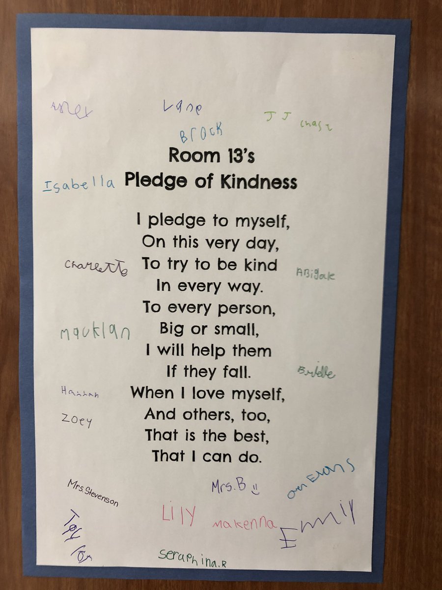 _MrsStevenson's tweet photo. Grade 2 &amp; 3 students of Room 13 pledge to try to be kind in every way. They pledge to help every person, to love themselves and others, and be the best they can be. #kindnessweek @Grandview_PS @TLDSB https://t.co/OI9CUrTUJo