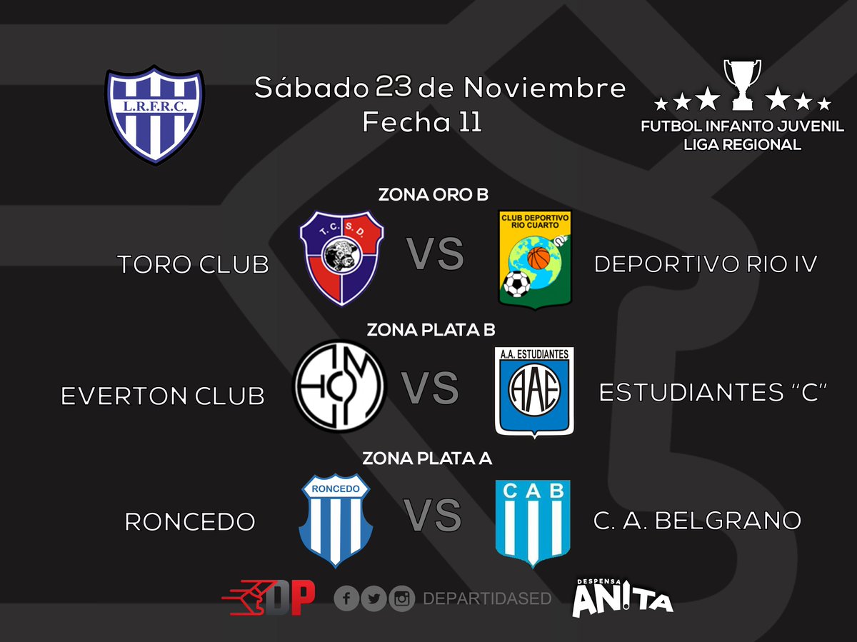 #LRFRC #Futbol #Infantil #Juvenil #Toro #Everton #Belgrano #Deportes #DePartida

🏆 Oro, Plata y Bronce
⚽️ Fecha 11 - Sábado 23 de Noviembre

<a href="/ToroClubSyD/">Toro Club</a> - <a href="/DeportivoRio4/">Deportivo Rio Cuarto</a> 
<a href="/CSyBDLRoncedo/">Club Roncedo</a> - @moldesbelgrano
<a href="/evertonmoldes/">Everton Club Moldes</a> - <a href="/EstudiantesRio4/">A. A. Estudiantes de Río Cuarto</a> "C"