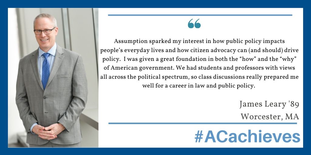 AssumptionUadm's tweet photo. After graduating from Assumption as a political science major, James received his law degree from @Georgetown University Law Center. He currently works at @umassmemorial Health Care as the  vice president of government and community relations! 🐾 #ACachieves 🐾  @ac__alumni https://t.co/aGWunsZeaI