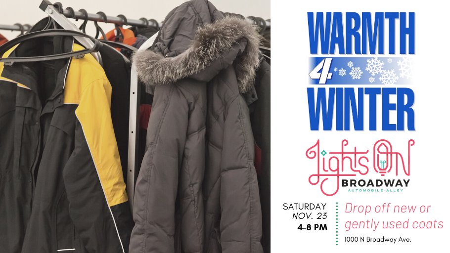 DowntownOKC's tweet photo. Itโs the season of giving! @Salvationarmyok and #Warmth4Winter will be at #LightsOnBroadway tomorrow. Bring new or gently used coats for an Oklahoman in need. #DowntowninDecember https://t.co/G0sdhN2tou