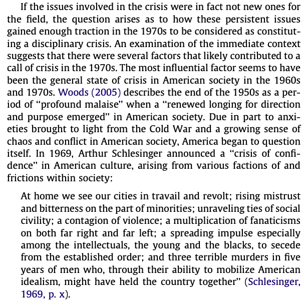 Faye seems to think that the 1970s crisis stemmed mainly from a general malaise in North America.I'd say this is a major difference from the current crisis -- the current one stems mainly from events within the discipline, like Bem's precognition paper and the Stapel incident
