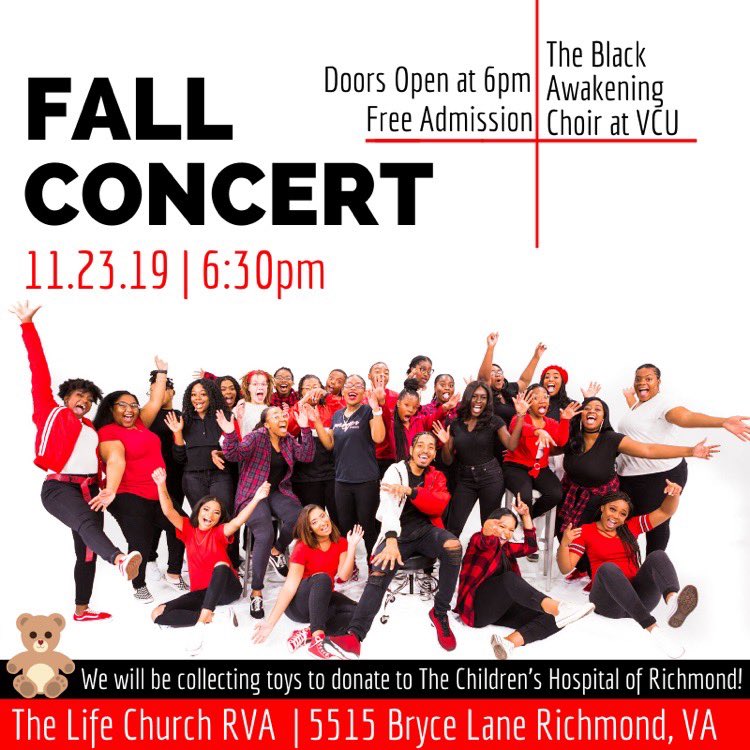 BACatVCU's tweet photo. We can’t wait to see you all tomorrow! We are more than excited to minister and show you what we have been working on this semester. Our concert will be held at @thelifechurchrva hosted by Gregory Mitchell! We will also be collecting toys for The Children’s Hospital of Richmond. https://t.co/YB4GULfNqa