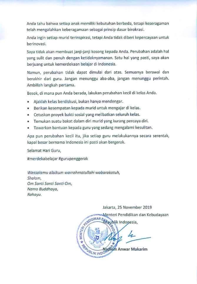Merdekabelajar در توییتر Sahabatdikbud Berikut Pidato Mendikbud Nadiem Makarim Pada Upacara Bendera Peringatan Hari Guru Nasional 2019 Naskah Pidato Dapat Diunduh Di Laman Https T Co 7cp0fjwewk Harigurunasional Hgn2019 Merdekabelajar