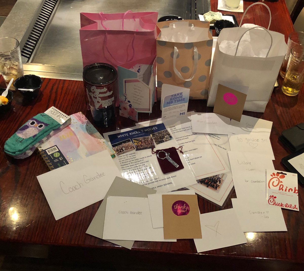 I am so blessed to be surrounded by wonderful cheerleaders and their parents! I did not see this coming tonight! There aren’t enough words to express my gratitude for the wonderful gifts and cards I received tonight! 💜💜💜