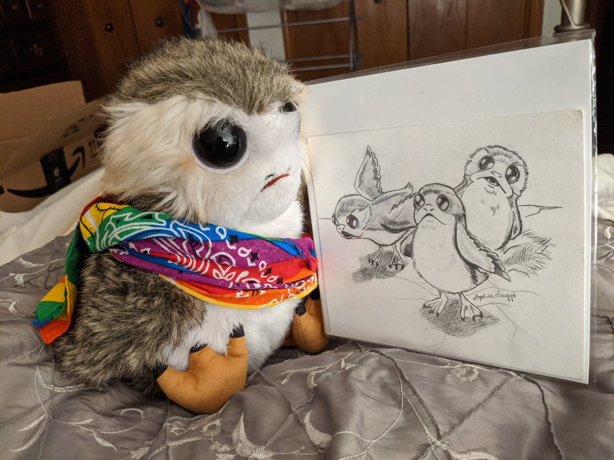 Porgtato's tweet photo. We have an art of #porgs now! It is by @SophieAScruggs who clearly understands &amp; appreciates the majesty of a #porg . A true friend of porgs &amp; all sorts of beings, &amp; a wonderful artist. I am going to be very happy looking at this special art all the time. #porglife https://t.co/maudptLprS