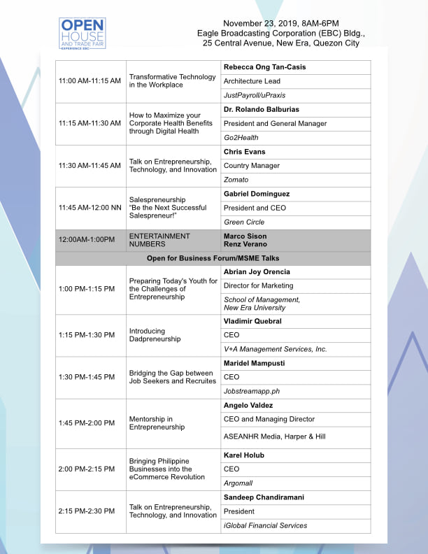 eaglebroadcast's tweet photo. EBC OPEN HOUSE and TRADE FAIR: Join the Open for Business Forum. FREE Admission at the EBC Bldg., 25 Central Avenue, New Era, Quezon City, November 23, 8am-6pm.
#EBCOpenHouse https://t.co/49jhtiM5YE