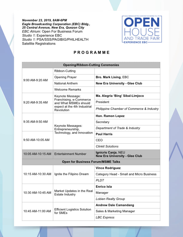 eaglebroadcast's tweet photo. EBC OPEN HOUSE and TRADE FAIR: Join the Open for Business Forum. FREE Admission at the EBC Bldg., 25 Central Avenue, New Era, Quezon City, November 23, 8am-6pm.
#EBCOpenHouse https://t.co/49jhtiM5YE