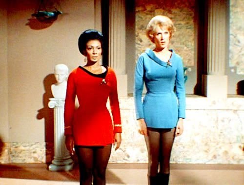 Here are Theiss' designs for the lady crewmembers of the Enterprise in Star Trek: The Original SeriesLegend is that Grace Lee Whitney (Yeoman Rand) suggested miniskirts to Theiss