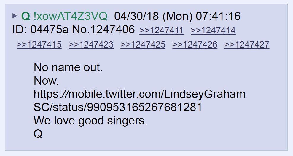 13) After John McCain (no name) announced he was not running for re-election, Q suggested that Graham had flipped.He was singing.He was given a chance to be on the right side of history and he took it. Graham the never-Trumper suddenly became a Trump supporter.