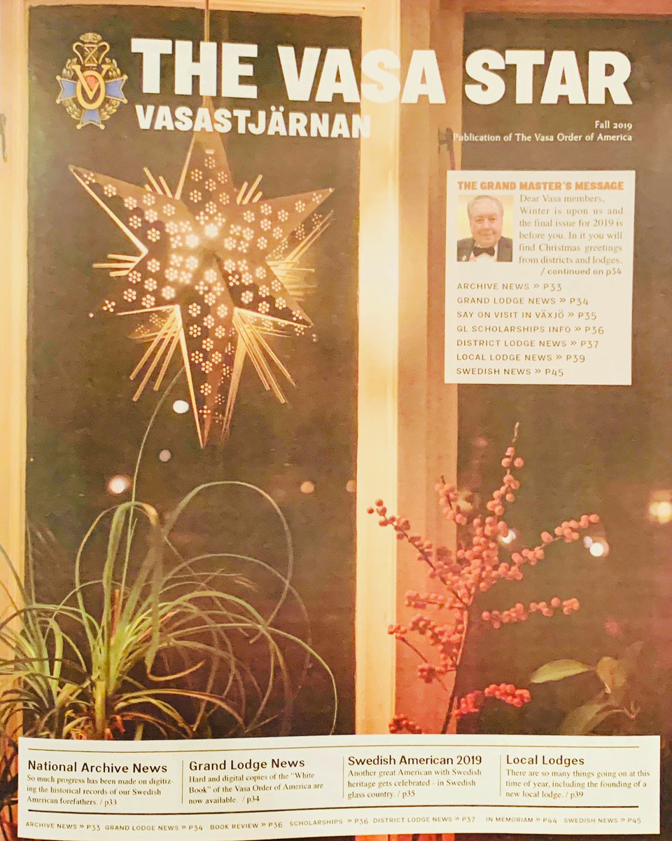 VasaOrderGL's tweet photo. Have YOU recieved the FALL 2019 edition of โTHE VASA STARโ - VASASTJERNAN? - If not, check your mail box!! It is located in the most recent edition of Nordstjernan: December 2019 #vasaorder #vasaorderofamerica #vasaorder https://t.co/YIDxsnUBZu