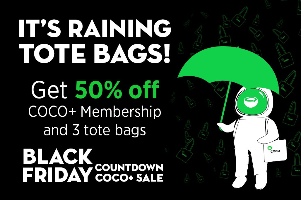 coconuts's tweet photo. It’s raining tote bags for #blackfriday! More deets here: https://t.co/8cxreUx5Br #COCOPlus #GoCoconuts https://t.co/N0yMbGoxh5