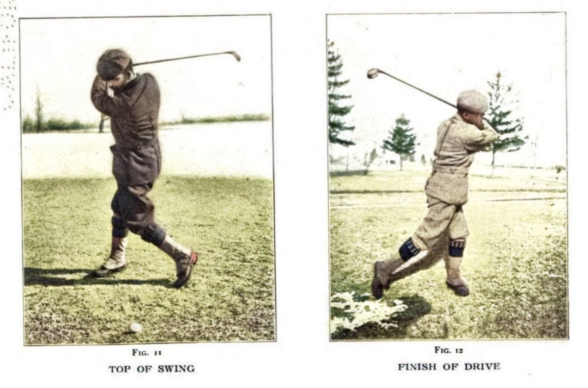 Walter Travis showing off the top of the swing and the through swing. Travis showing a full wind-up with a massive pivot. Travis oddly enough, always chased more distance and was a huge proponent of the longer Haskell Ball.  #GolfHistory  @USGA  @chambleebrandel