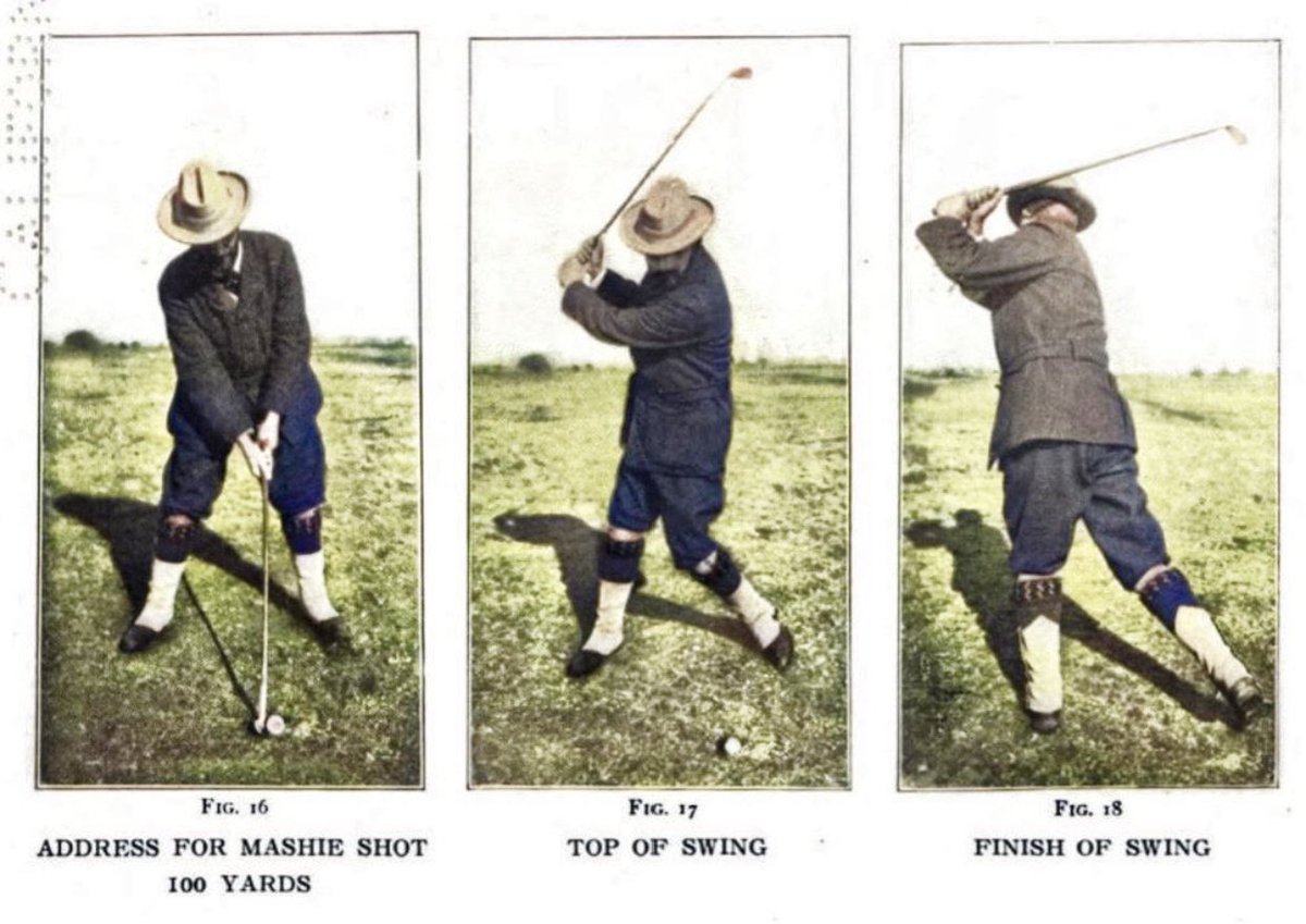 Travis showing off the 100 yard mashie shot. It’s important to note that the Niblick (now known as the wedge) was still viewed as a trouble club. Better players of the day usually preferred approach shots with the Mashie (7 iron) or the Mashie Niblick (8 iron). Could rotate more!