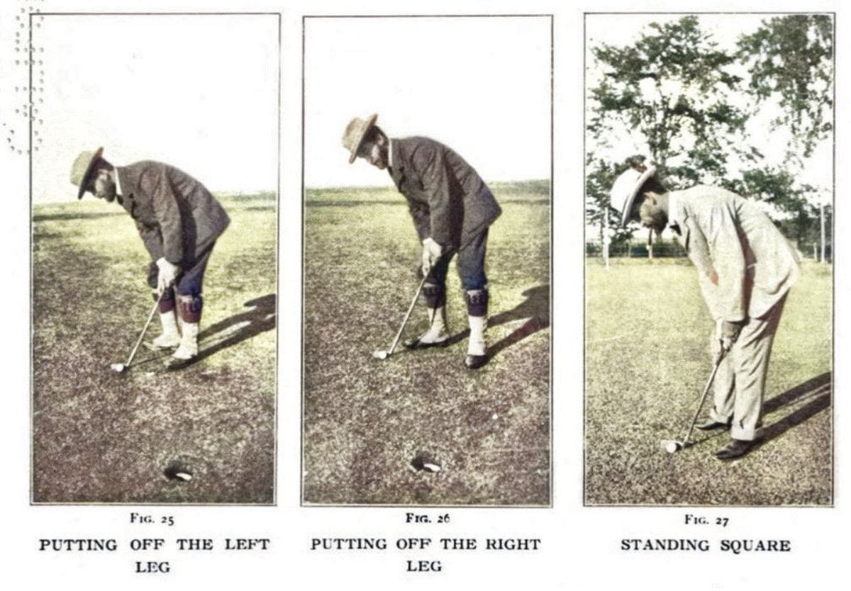 Walter Travis showing off the closed, open and squared putting stances. Travis preferred a square stance, but he learned how to putt from Willie Park’s “The Art of Putting.” Park putted with an open stance & the ball back on the right foot (middle photo). @USGA  #GolfHistory