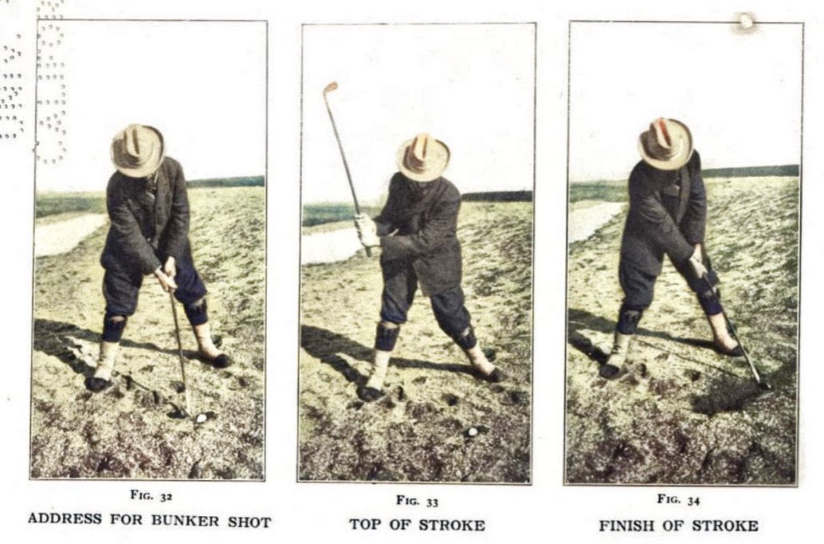 Walter Travis illustrating the then difficult bunker shot. Why “then?” In this era the Niblick (wedge) did not have “bounce.” In fact they actually had “dig” soles. Also note the condition of the bunker- none of the manicured nonsense we see today:)  #GolfHistory  @USGA