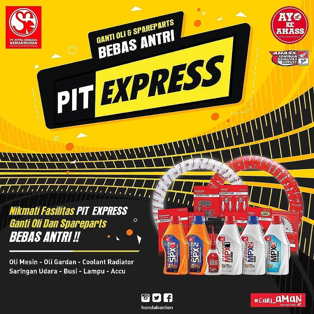 HondaBanten's tweet photo. Mau ganti oli atau ganti sparepart buat motor kesayangan tapi males nunggu lama? Santai, sekarang ada layanan Pit Express yang akan memudahkan kebutuhan motor Honda Brosis semua

#Honda #HondaMotorcycles #HondaBanten #PitExpress #ServiceMotor #AyoKeAHASS #SalamSatuHATI #CaRi_aMaN https://t.co/77lT4NcCcy
