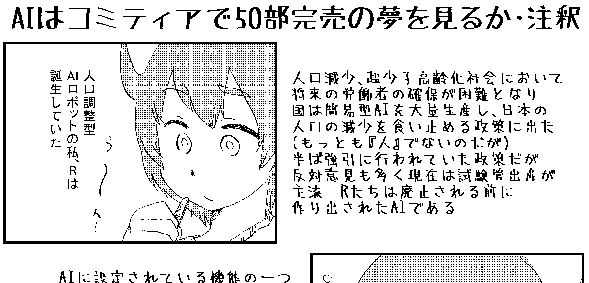 コミティア130 既刊案内 
黒屋市|【Ⅰ47b】

『AIはコミティアで50部完売の夢を見るか』
40p/300円
AIが同人活動をする、近未来SF風漫画。
SF漫画なので注釈があります。
コミティア124のP&Rで紹介されました。
在庫僅かです!多分5冊ぐらいしかないです。
#COMITIA130 #コミティア130 