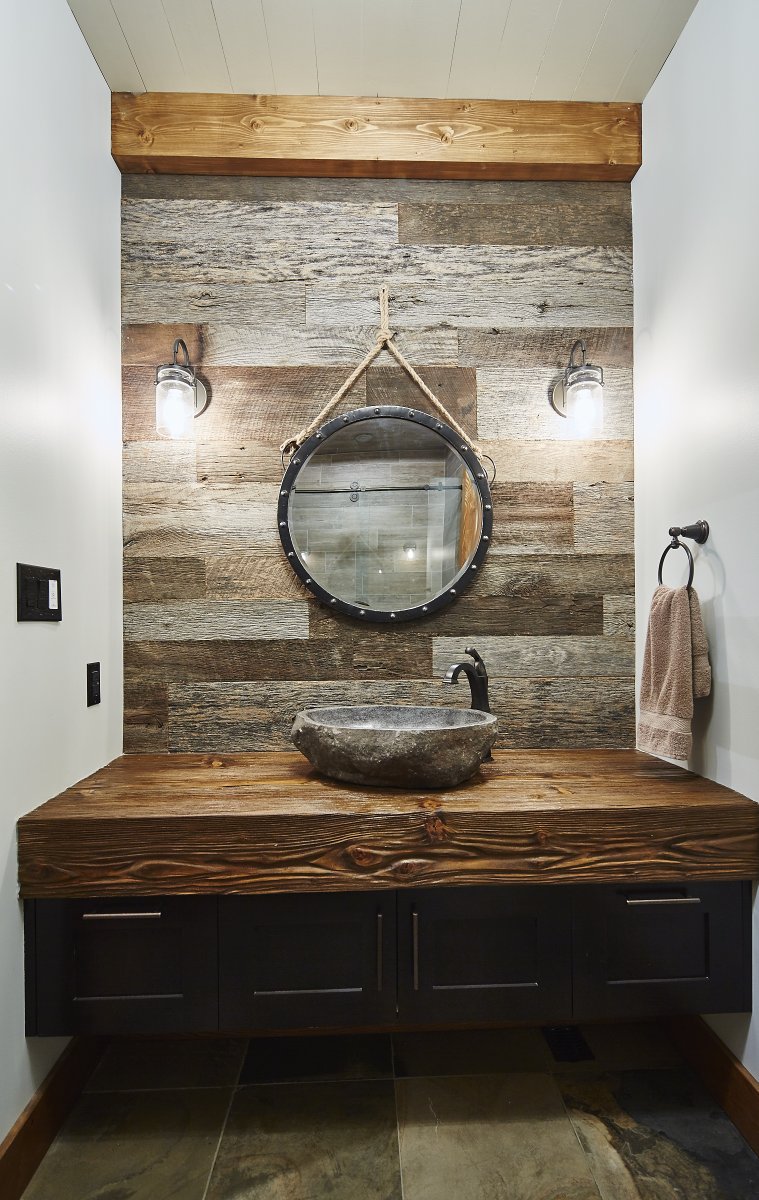 StreamlineDLTD's tweet photo. The ultimate rustic #powderroom design | #stonevesselsink #woodcountertop #rusticwallpaper | https://t.co/vOT1xgnXdr