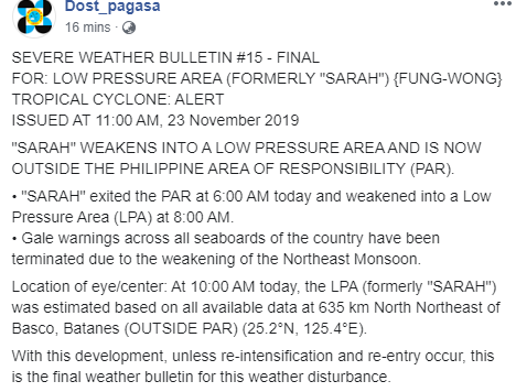 dzrhnews's tweet photo. JUST IN: Bagyong #SarahPH, nakalabas na ng Philippine Area of Responsibility. " via @dost_pagasa https://t.co/IDU8pmzfLt
