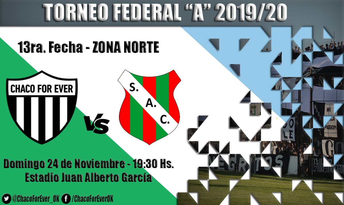 #TorneoFederalA ⚽

Chaco For Ever 🆚 Sportivo Atlético Club
📅 Domingo 24 de Noviembre
⏰ 19:30 Hs.
🏟 Estadio Juan Alberto García