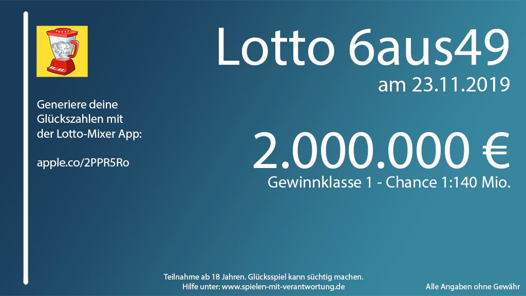 LottoMixer's tweet photo. #Lotto #6aus49 heute mit 1 Mio. € im #Jackpot. #generiere deine #Glückszahlen mit unserer App: 

https://t.co/94zoOu64r6 

#gluecklichmacher #Lotterie #vielglück #Lotto6aus49 #Lottolove #Lottostar #Lotto49 #Lotto649 #LottoWin #Lottowatch #iOsApp #sunrise https://t.co/qdWXnmByOB