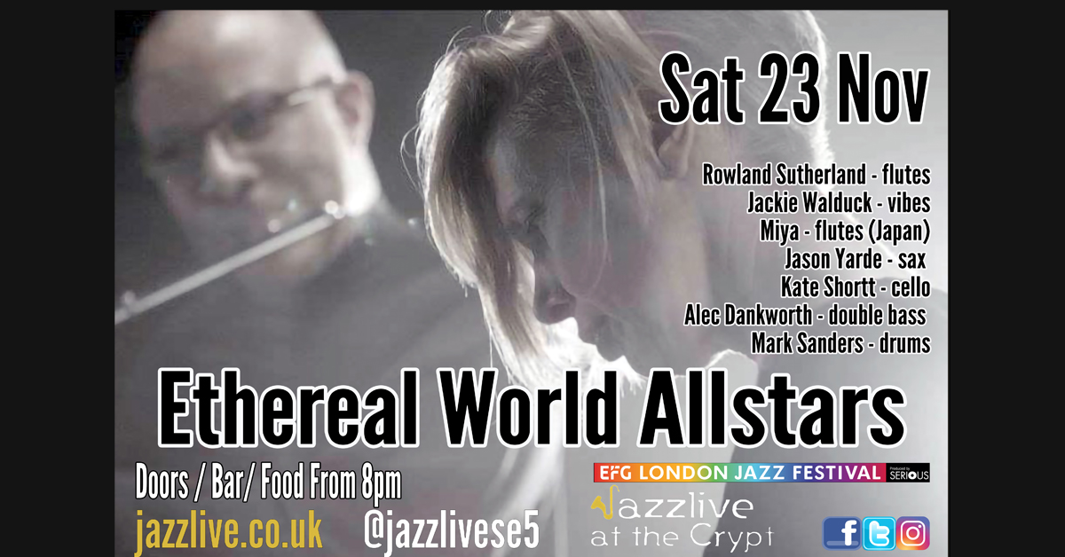 JazzliveSE5's tweet photo. Tonight #EtherealWorld #allstars
Flautist #RowlandSutherland & percussionist #JackieWalduck lead this ensemble exploring free improvisation. With #Miya #JasonYarde #KateShortt #AlecDankworth #MarkSanders
https://t.co/RLym4JPWch
#jazzlive #se5 #camberwell #music #venue #bar https://t.co/FOXilNV8HT