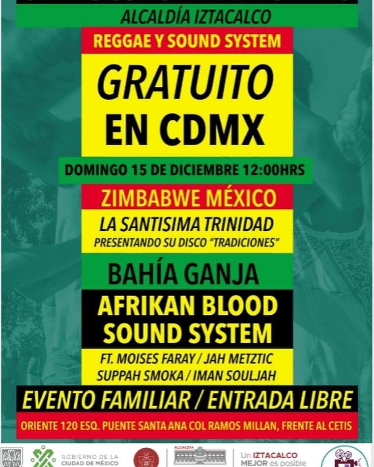 Nos vemos! 
Domingo 15 de Diciembre 2019🚦
💚💛❤️
Concierto De Reggae Y Sound System Gratuito Alcaldia Iztacalco 🔊🔊
Afrikan Blood Sound System Mx 
Moises Faray Jah Metztic Suppahsmokah Sqb Chalwa Burning 
@CENTROCULTURALDELASARTES
Entrada Libre para toda la Familia!👨‍👩‍👧‍👦
12:00 PM
