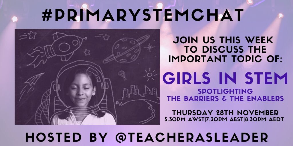 rachaellehr's tweet photo. Join us this coming week for #PrimarySTEMChat with @teacherasleader as guest host to chat #GirlsinSTEM + to shine a spotlight on the barriers &amp; enablers... 🦸🏼‍♀️ @KatKennewell @brookssensei @MatthewXJoseph @BenNewsome_ @RayBoyd007 @jc_igs @EdChatEU @dothinkeducate @Annaritzy https://t.co/X1qwEkSJdE