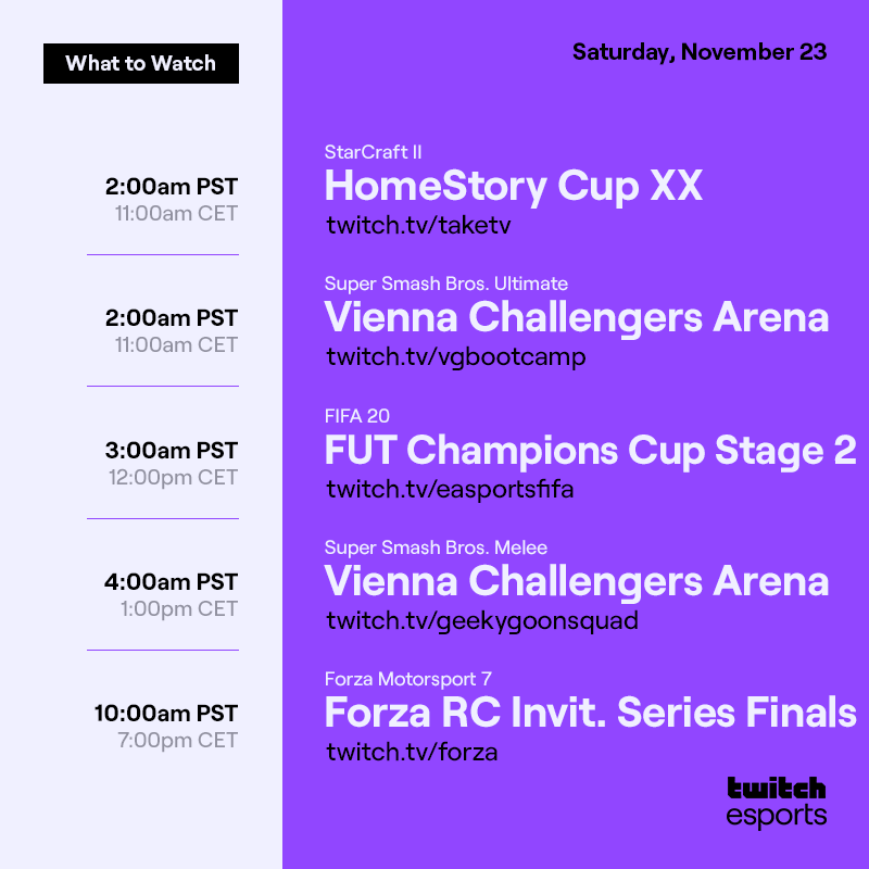 Saturday, Nov 23 - Pt 1

StarCraft II   HomeStory Cup XX  /taketv    2AM PST / 11AM CET

Super Smash Bros. Ultimate  Vienna Challengers Arena  /vgbootcamp    2 AM PST / 11AM CET

FIFA 20   FUT Champions Cup S2    /easportsfifa   3AM PST / 12PM CET

Super Smash Bros. Melee  Vienna Challengers Arena  /geekygoonsquad  4 AM PST / 1PM CET

Forza Motorsport 7  Forza RC Invitational Series Finals  /forza 10 AM PST / 7PM CET