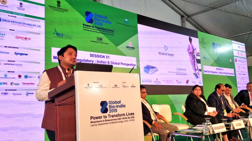 DBTIndia's tweet photo. Avijit Bansal, Windmill Health in the #Session37 of #GlobalBioIndia2019 emphasised on the importance of  regulations - perceptions vs reality, highlighting that they are a fantastic boon to actually build a great quality medical device. @BIRAC_2012 @RenuSwarup @drharshvardhan https://t.co/CSPjPhNTN9