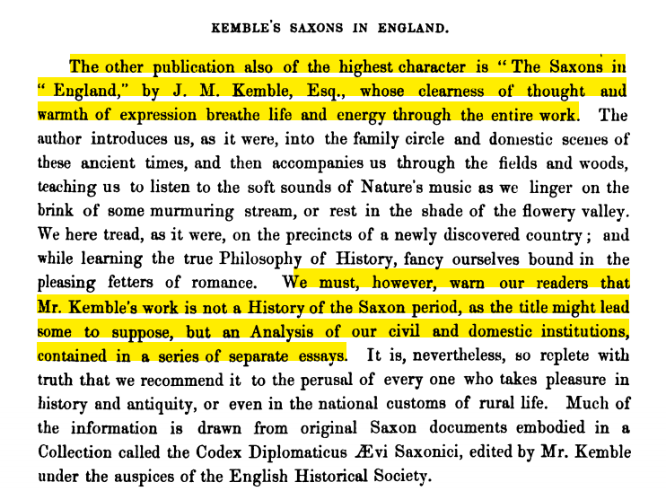 The journal printed scholarship from medievalists of the day such as John Kemble that they felt spoke to their concerns and showed how--as they imagined--the roots of the modern "Anglo-Saxon institutions" appeared first in early medieval England. 7/11