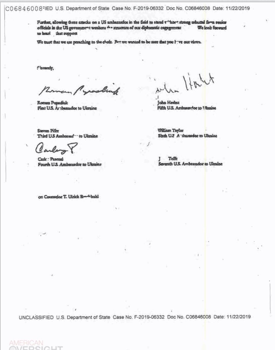 Hale says Pompeo puts T. Ulrich Brechbuhl, the Counselor at State, in charge of the Ukraine weirdness In April, a letter signed by six former ambassadors to Ukraine support Yovanovitch makes its way to Brechbuhl. He acknowledges its receipt on April 9th. Still no statememt.