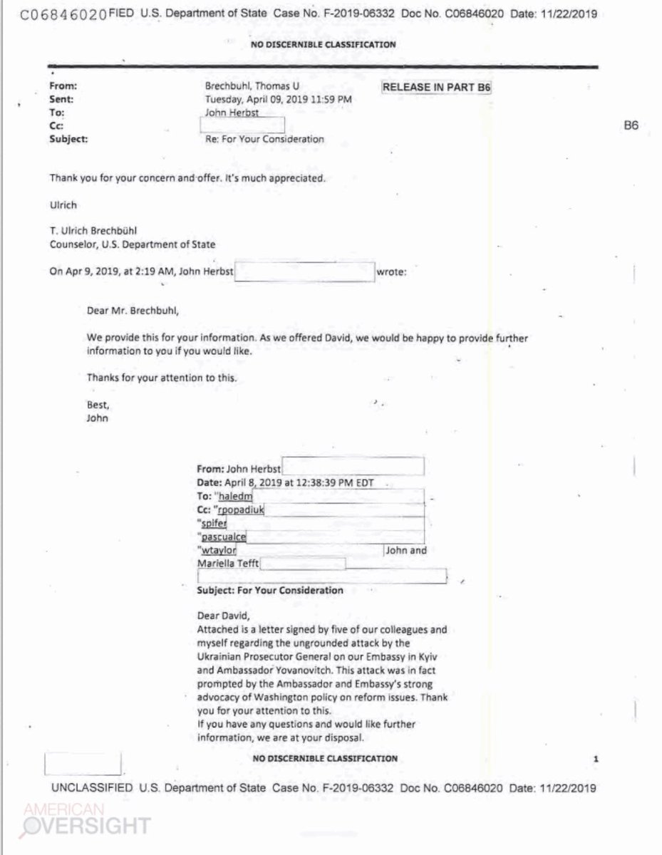 Hale says Pompeo puts T. Ulrich Brechbuhl, the Counselor at State, in charge of the Ukraine weirdness In April, a letter signed by six former ambassadors to Ukraine support Yovanovitch makes its way to Brechbuhl. He acknowledges its receipt on April 9th. Still no statememt.
