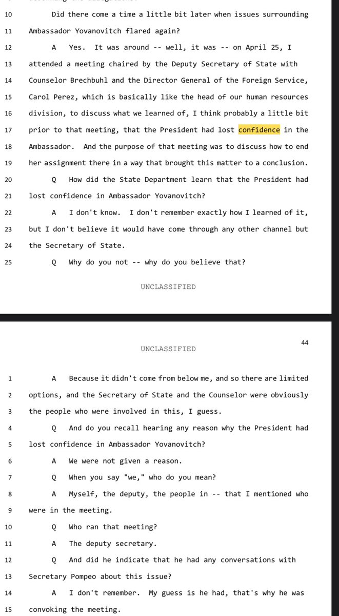 On April 25, Hale said he attended a meeting called by the Deputy Secretary of State to figure out how to recall YovanovitchHale testifies that only Pompeo could have gotten word from Trump that he’d lost confidence in Yovanovitch