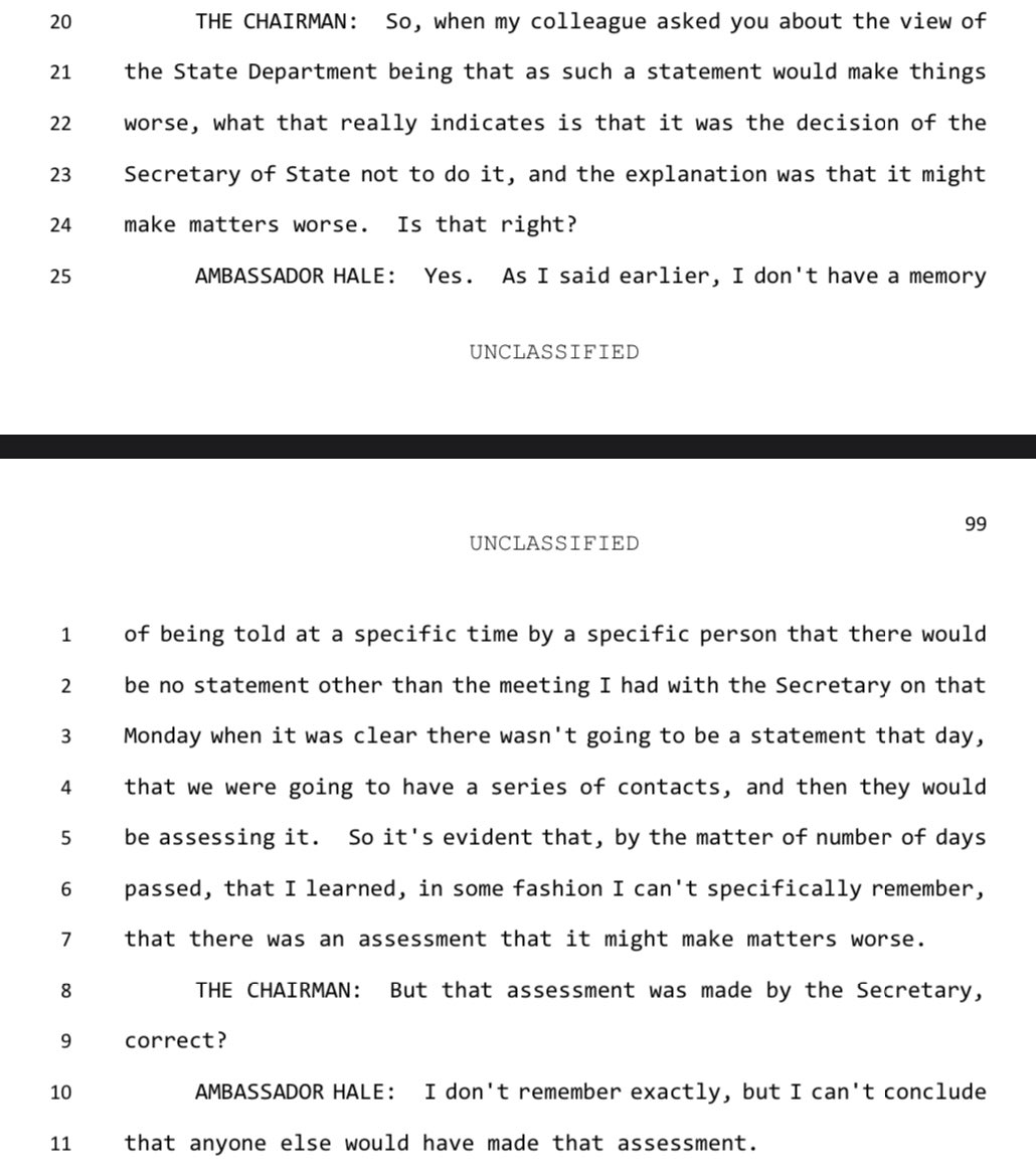 So to sum up: Pompeo never cleared a statement defending Yovanovitch even though he was the only one who could have kept it from being approvedAnd we still don’t know what he talked about with Rudy