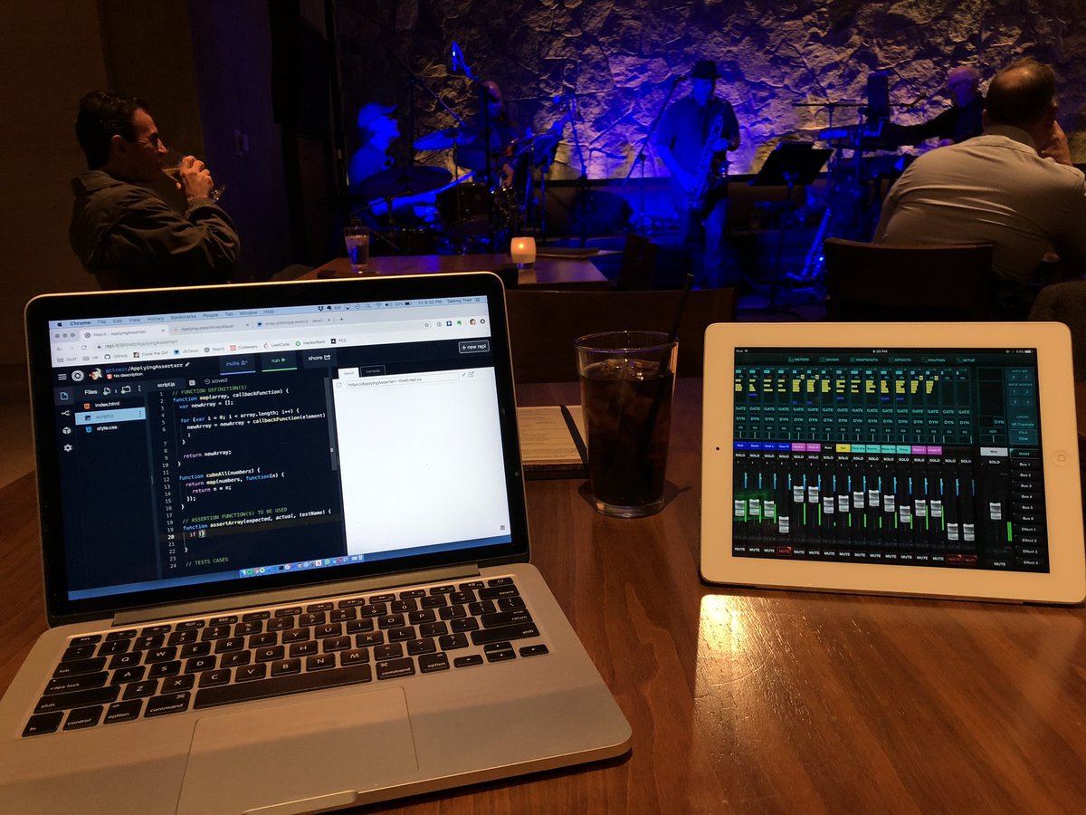 ttreit's tweet image. Career change metamorphoses in a picture: Writing JavaScript test cases while mixing the band. #WomenWhoCode #shescoding #CodeNewbie