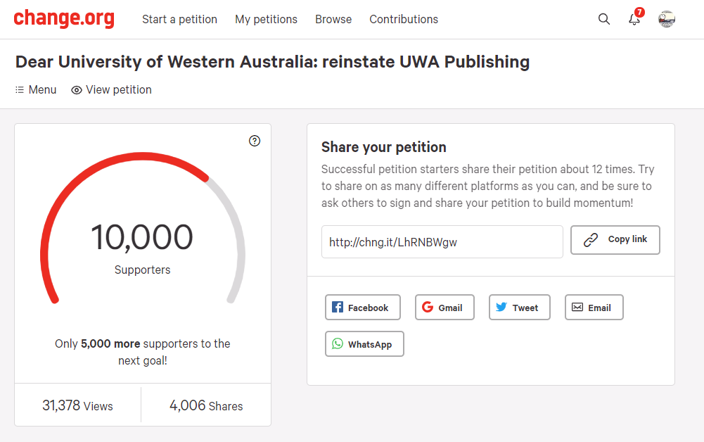 MelindaLSmith's tweet photo. ...and we're there ! 10 THOUSAND PEOPLE want to #SaveUWAP ! Thanks to all of you. Next big milestone is the UWA Senate meeting on 9 Dec. Petition'll stay open at least til then, so keep sharing + talking about how much @uwapublishing means to you &amp; to #Australian #literature https://t.co/3h0c1q29DA