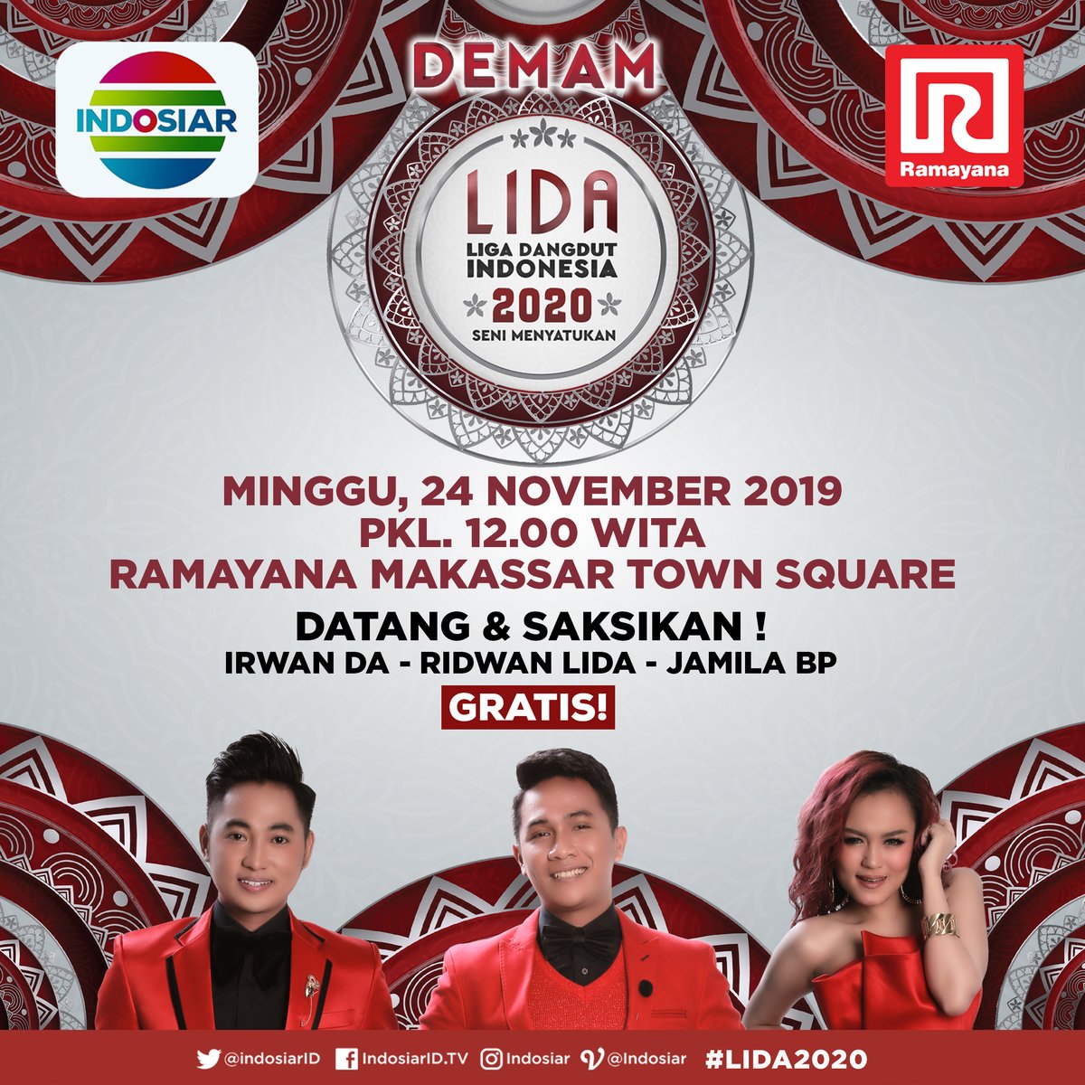 Indosiar's tweet photo. #DemamLIDA kembali lagi! Datang dan ramaikan Ramayana Makassar Town Square besok siang, pukul 12.00 WITA. Akan ada penampilan dari Irwan DA, Ridwan LIDA, Jamila BP. Tungguin kedatangan mereka yaa.. https://t.co/FusKTjOuSH