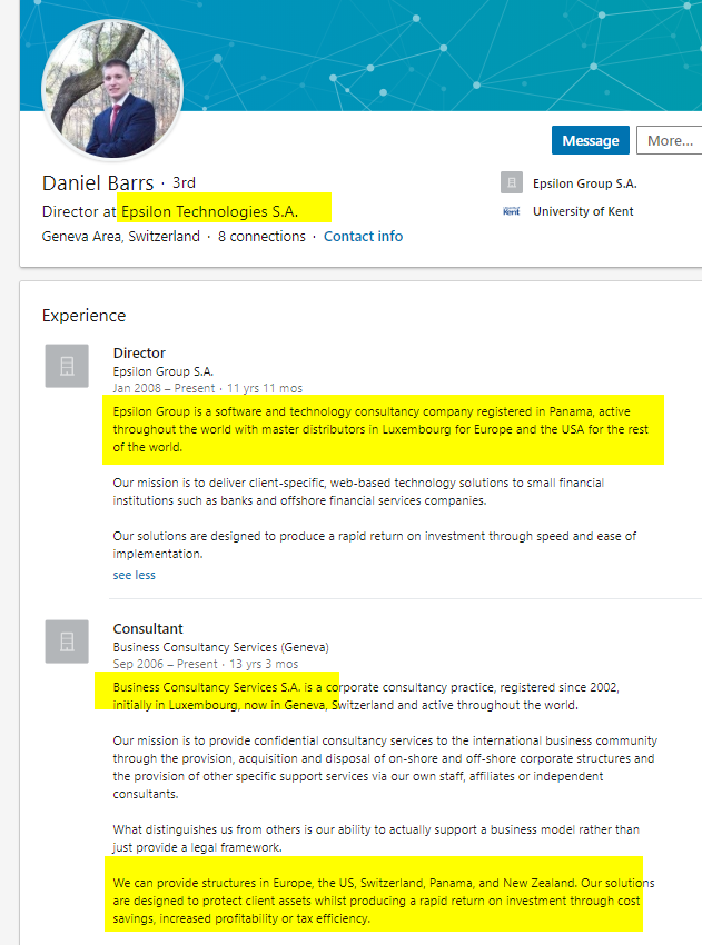 Dan Barrs Jr abandoned linkedin (long before his stint in the big house with Barrs senior. Their banking software started out in 2006 as Epsilon (Latvia, Panama, Luxemberg) and in 2012 was renamed ETT out of Mauritius  http://ett.mu 